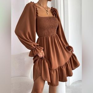 Square Neck Shirred Bodice Flounce Sleeve Ruffle Hem Dress